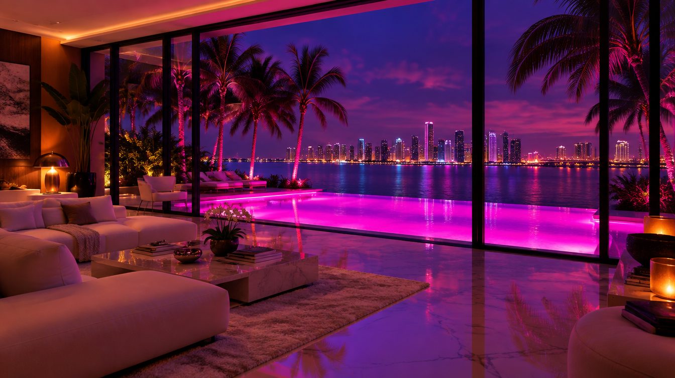Inside the villa at night: a white sofa and marble floor facing a glowing pink pool, palms and the Miami skyline through the glass